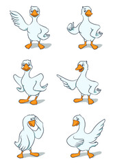 Set of cartoon goose vector drawings, funny character with happy, sad, angry faces - 625848667