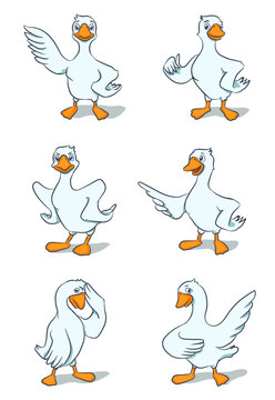 Set of cartoon goose vector drawings, funny character with happy, sad, angry faces