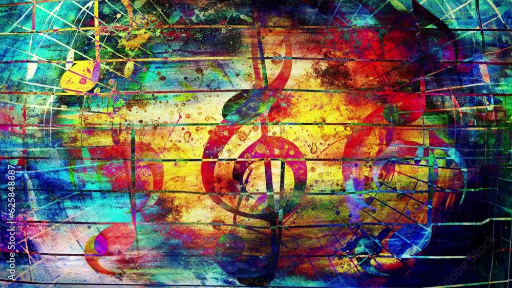 Aufkleber beautiful abstract colorful collage with music notes and the violin clef. Loop Animation.
