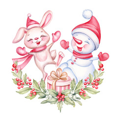 Cute Christmas card. Cartoon funny bunny and snowman in santa hats in christmas floral wreath Hand drawn watercolor illustration isolated on white background - 625848833