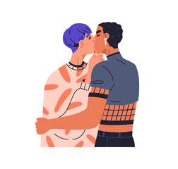 Gay couple kissing in lips with love, passion. Homosexual LGBT men, romantic partners. Passionate sexy LGBTQ boyfriends, lovers. Male valentines. Flat vector illustration isolated on white background