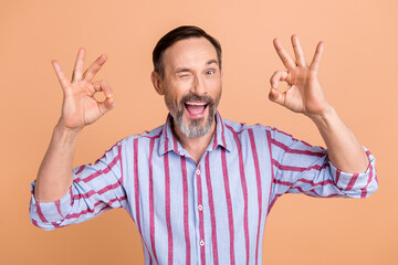 Photo of pleasant optimistic man white gray hairstyle wear striped shirt show okey nice job winking...