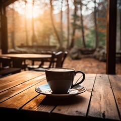 Obraz premium Vintage cafe experience. Closeup of white cup of coffee on vintage wooden table on blur restaurant background