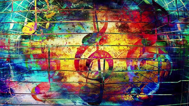 beautiful abstract colorful collage with music notes and the violin clef. Loop Animation.