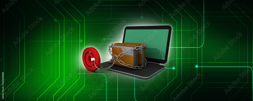 Poster 3d rendering folder connected to laptop sharing document with traffic cone near copyright