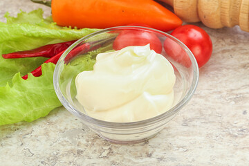Organic mayonnaise sauce in the bowl
