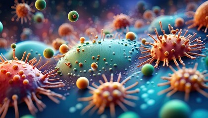 Lymphocytes cell in the immune system reacting and attacking a spreading cancer cell - illustration - obrazy, fototapety, plakaty