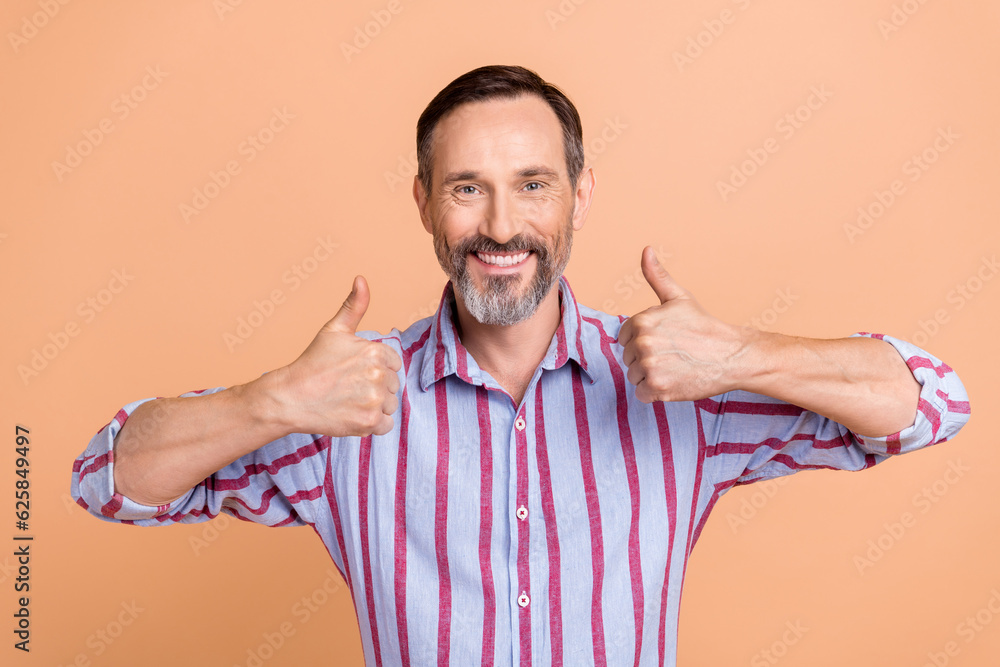 Poster portrait of positive handsome nice person with white gray beard two hands show thumb up approve isol