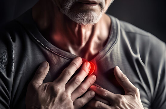 Elderly person grabs hand to chest due to pain caused by heart failure or a heart attack - illustration