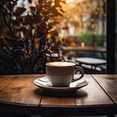 Obraz premium Vintage cafe experience. Closeup of white cup of coffee on vintage wooden table on blur restaurant background