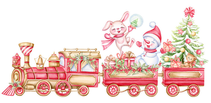 Cute vintage Santa's train with Christmas tree, snowman, rabbit and gifts. Hand drawn watercolor illustration in cartoon style for kids holiday decoration, greeting cards, nursery print.