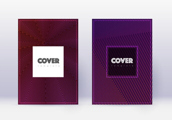 Hipster cover design template set. Violet abstract lines on dark background. Curious cover design. Flawless catalog, poster, book template etc.