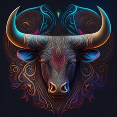 Bull head with horns decorated with tattoos, shades of blue color.