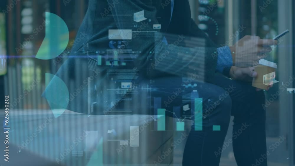 Poster animation of financial data processing over caucasian businessman using smartphone