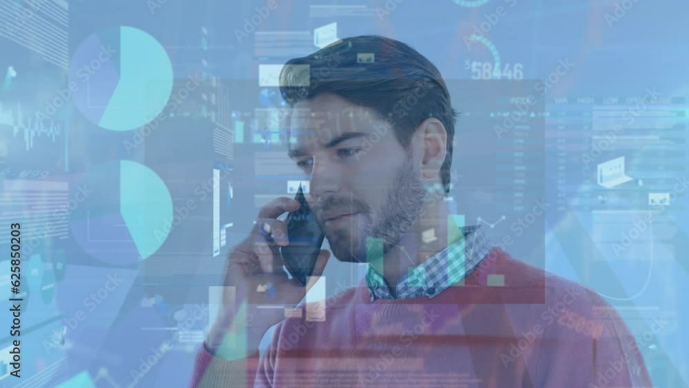 Poster animation of financial data processing over caucasian businessman using smartphone