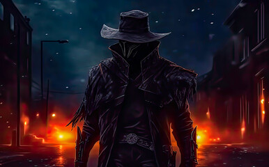 a man walking with a dark hat, cowboy style, sun and fire, darkness,