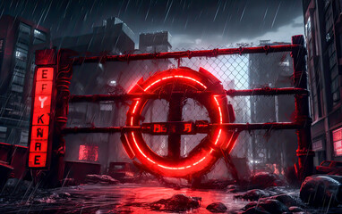 a red sign is sitting on barbed wire, dystopian future, video game styel,