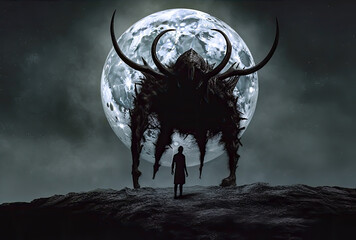 a monster is standing on the moon in darkness, a man in front looking