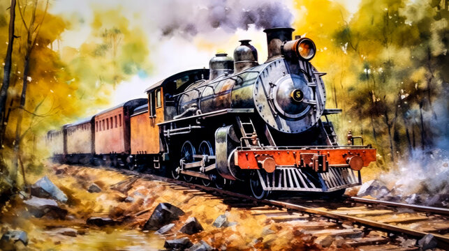 a painting of a wooden steam train in watercolor