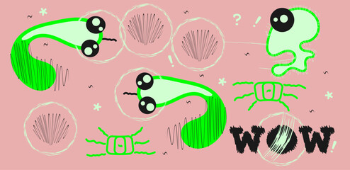 A set of funny characters. Doodle. The snake and the alien. Green baby snakes and a tiny alien