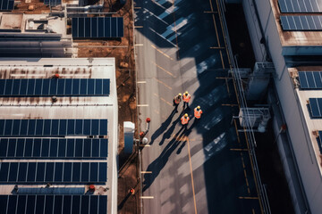 Aerial view of engineers walking on rooftop of a solar power plant,