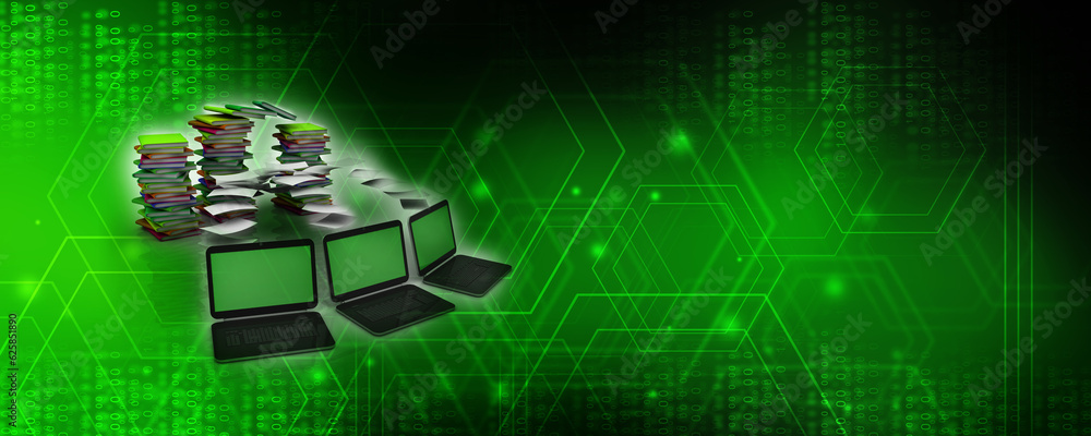 Poster 3d rendering technology Computer network with book