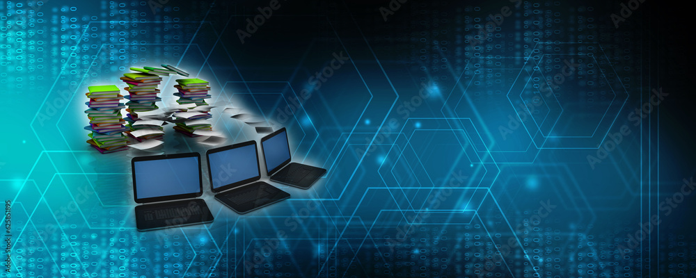 Poster 3d rendering technology Computer network with book