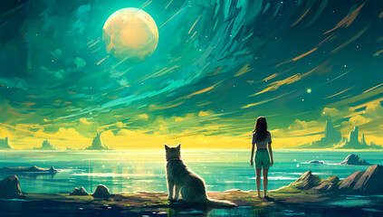 illustration painting style of child or kid and dog standing near river at wonderful night.inspiration and motivation idea.generative ai images