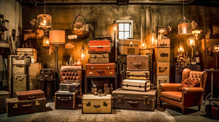an area decorated with old suitcases and furnitures in an attic or in a storage room