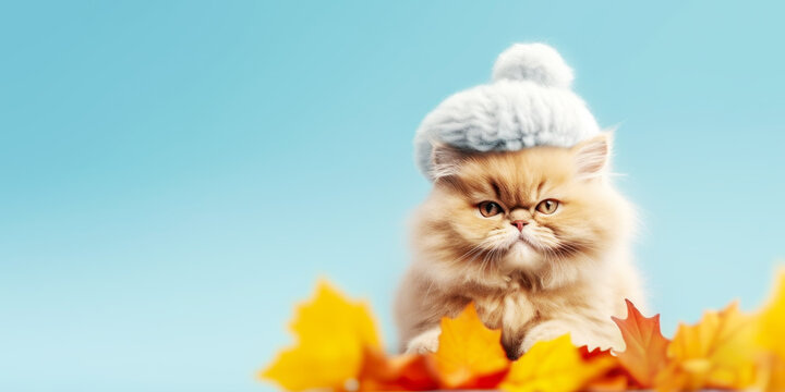 Fall season banner with cute fluffy cat in knitted hat on light blue background with autumn leaves and copy space. Autumn character. Flu season. Funny animal photo