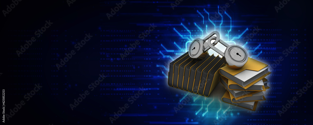 Poster 3d rendering yellow folder and lock. data security concept