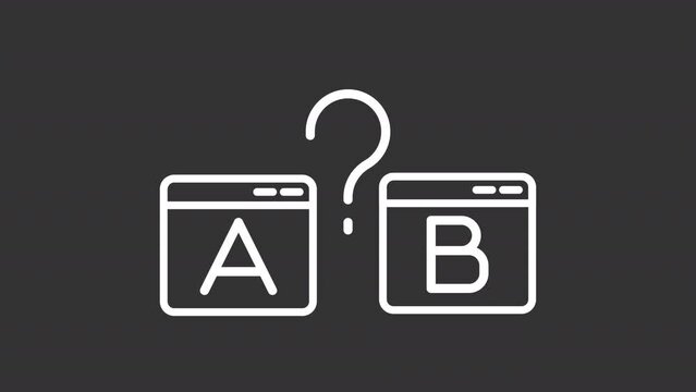 Split testing white line animation. Two versions of browser page animated icon. Conversion rate. User experience. Isolated illustration on dark background. Transition alpha video. Motion graphic