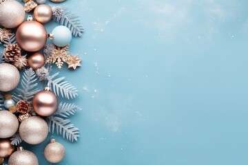Realistic Christmas toys, twigs and cones on blue background. Free space for your presentation. Made with Generative AI.