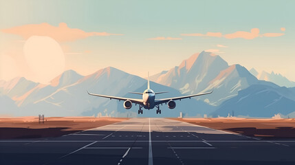 Passenger liner plane lands on the runway of the airport in the mountains. Illustration in pastel colors yellow, green, blue and pink Generated AI.