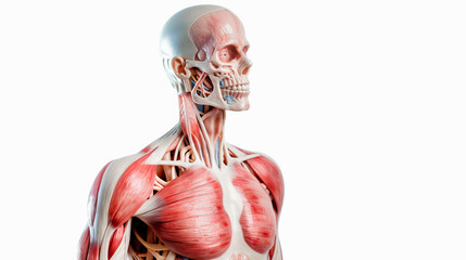 Human muscle anatomy model in head and chest. White background, Structure of muscles and tendons upper body. Generative Ai