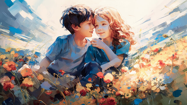 illustration painting of happy love moment with boy and girl in colorful flower field blooming.background for book cover.generative ai technology