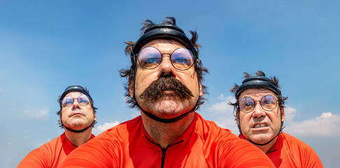 Portrait of a trio of cyclists riding under a blue sky