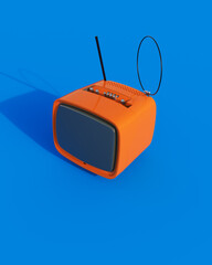 Orange vintage television set nostalgia 80s 90s retro kitsch blue background wallpaper 3d illustration render digital rendering