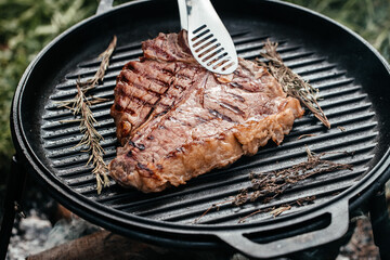 barbecue steak fried on the grill. Healthy food concept. place for text, top view