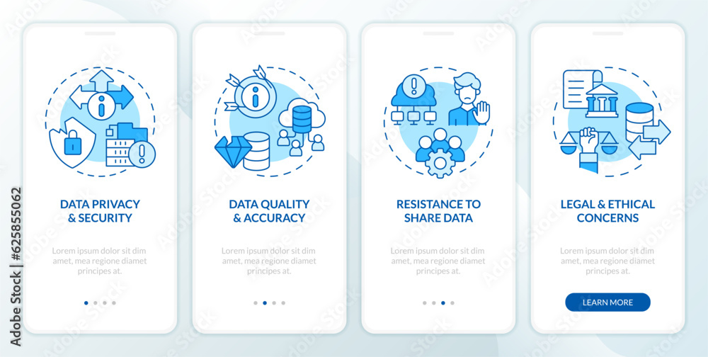 Poster 2d icons representing data democratization mobile app screen set. 4 steps graphic instructions, ui, 