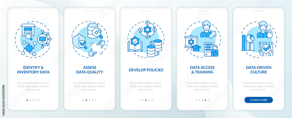 Poster 2d blue linear icons representing data democratization mobile app screen set. 5 steps graphic instru