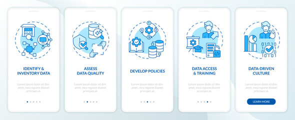 Fototapeta na wymiar 2D blue linear icons representing data democratization mobile app screen set. 5 steps graphic instructions, UI, UX, GUI template.