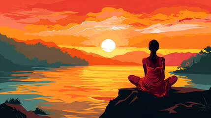 Silhouette of a beautiful woman practicing meditation at sunset. Serenity and inner peace. Generative AI.