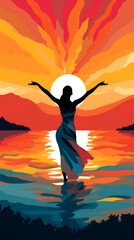 Fototapeta premium Silhouette of a beautiful woman on the background of the sunrise. Generative AI.