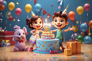 Obraz na płótnie Canvas Happy Birthday Celebration with cartoon kids