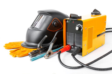 Inverter welding machine and mask, electric welding equipment on isolated white background