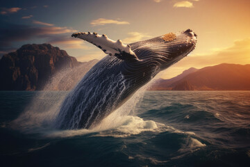 A humpback whale jumping over the sea