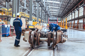 Caucasian male technician and female engineer wearing safety helmet uniform inspect electric train...
