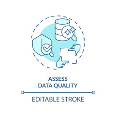 Editable assess data quality concept blue thin line icon, isolated vector representing data democratization.