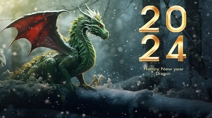 magical, green dragon symbol of 2024 in a snowy fairy forest with golden numbers 2024 and copy space. gothic style. 2024 Happy New Year greeting card concept.